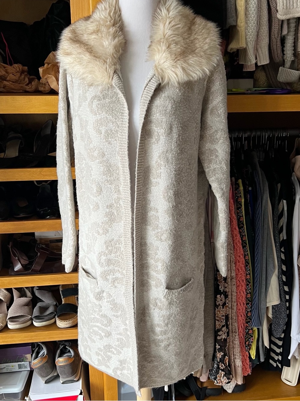 COCO + CARMEN Beige Faux/Tan Fur Collar Open Front Coatigan